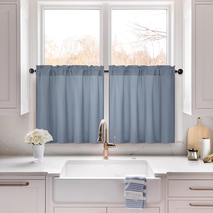 HOMEIDEAS Non-See-Through Stone Blue Privacy Sheer Kitchen Curtains, 30 X 24 Inches Long 2 Panels Short Sheer Curtains Light Filtering Bathroom Window Drapes for Bedroom Living Room