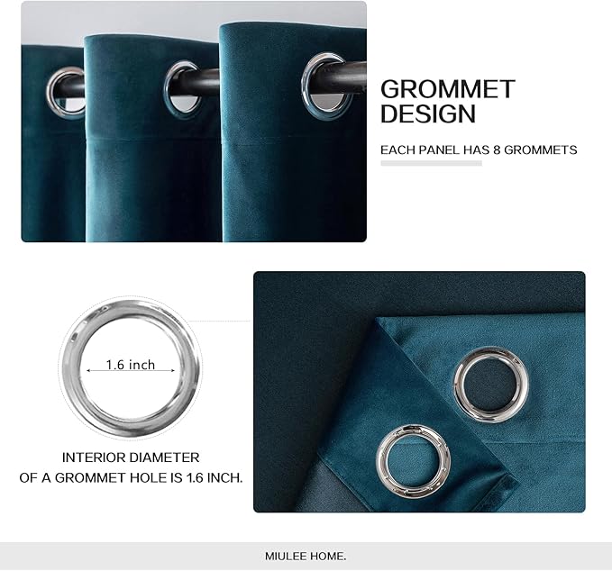 MIULEE Blue Velvet Curtains 63 Inches Length Blackout Curtains Thermal Insulated Soundproof Room Darkening Grommet Curtains/Drapes for Living Room Bedroom 52 x 63 Inch 2 Pcs Peacock Blue