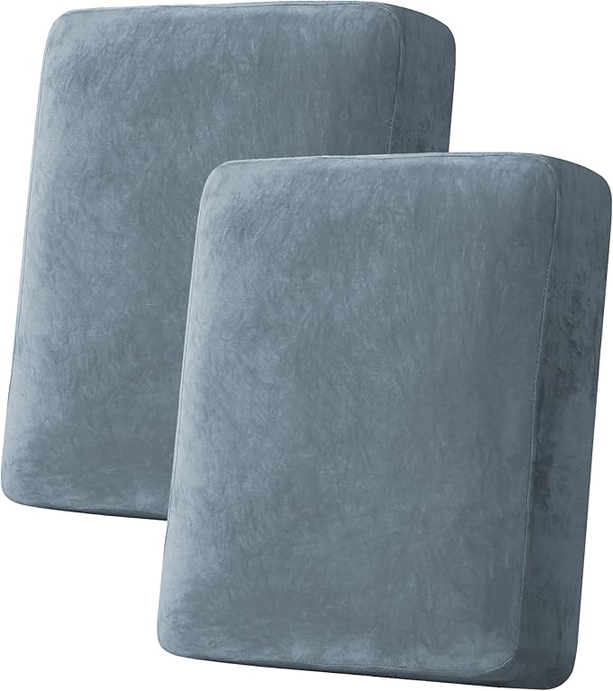 H.VERSAILTEX Velvet Stretch Couch Cushion Cover Plush Cushion Slipcover for Chair Loveseat Sofa Cushion Furniture Protector Seat Cushion Sofa Cover (2 Piece Medium Sofa Cushion Covers, Stone Blue)