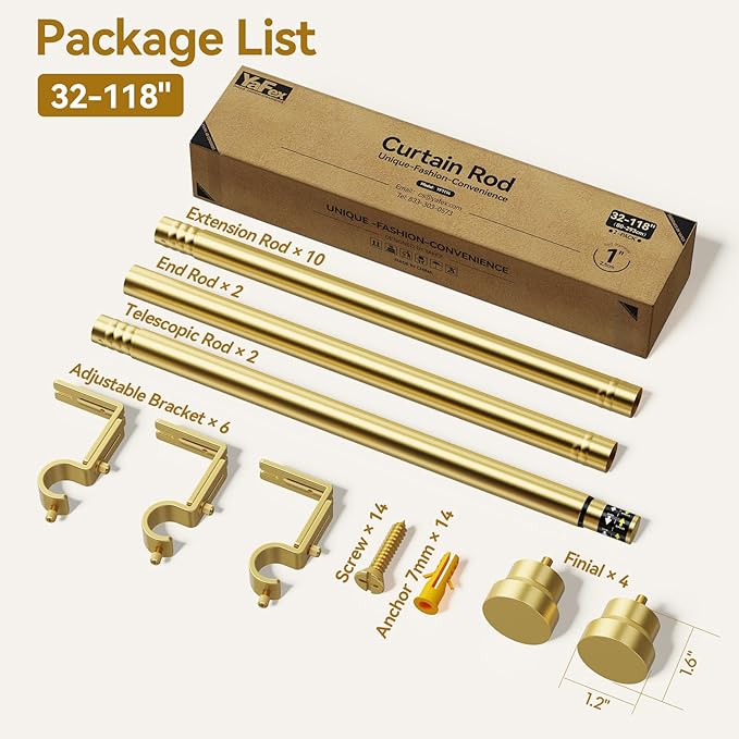 YaFex Curtain Rods 2 Pack 32-118 Inch, Heavy Duty 1 Inch Curtain Rod, Gold Long Adjustable Window Treatment Rods,Modern Design, Easy Installation