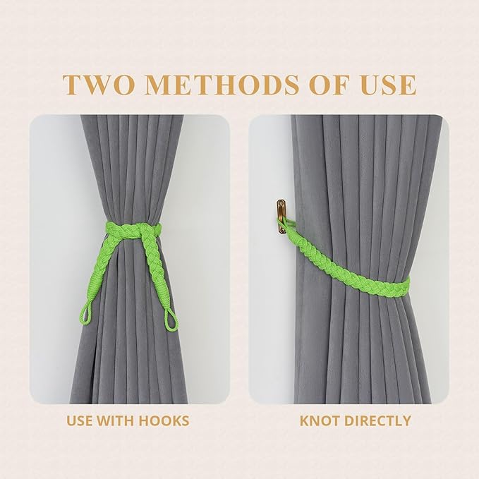 NICEEC 4 Pack Natural Cotton Rope Curtain Tiebacks Elegant Boho Style Decorative Drape Tie Backs Soft Hand-Woven Rope Curtain Holdbacks with Metal Hook for Home & Office Drapery (Tender Green)