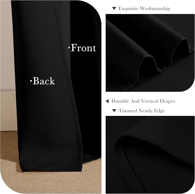 PONY DANCE Blackout Curtain Blinds - 42-inch Wide by 84-inch Long, Black Thermal Insulated Light Block Back Tab/Rod Pocket Curtains Window Cover Shades for Bedroom Living Room, 2 Panels