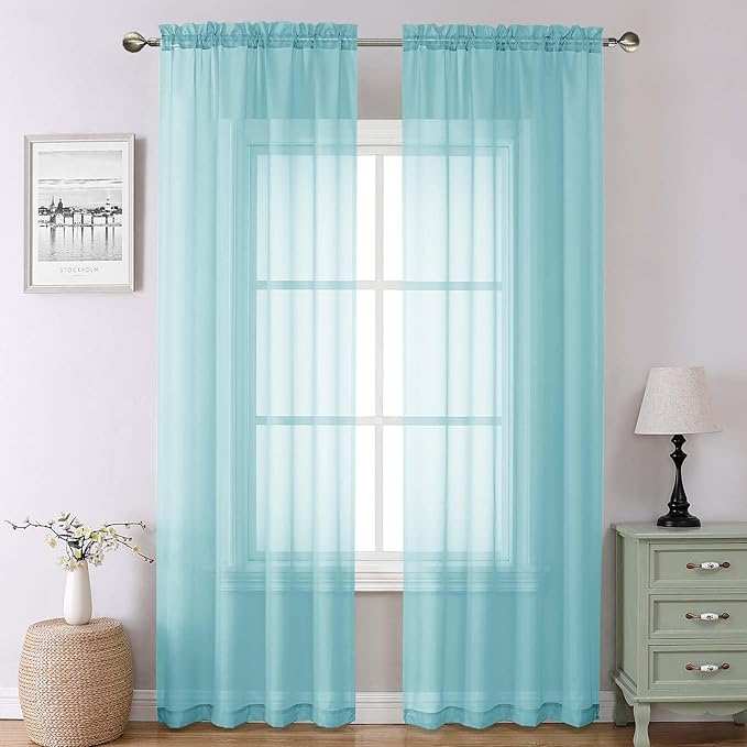 Lecloud Aqua Sheer Curtains for Living Room 90 Inches Long 2 Pcs, Voile Solid Color Airy Bedroom Decor Privacy Drapes, Dual Rod Pockets Light Filtering Soft Window Curtains, Each Panel 42" W x 90" L