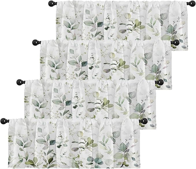 Emvency 4 Pack Valances Window Treatments, Green Watercolor Eucalyptus Leaves Blackout Adjustable for Living Room Bathroom Bedroom Kitchen Over Sink, 52x18 Inch Rod Pocket Valances