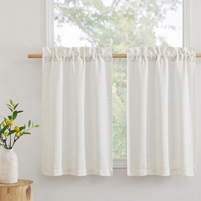 RYB HOME Flax Linen Curtains 24 inch Length, Semi Sheer Window Topper Tiers for Home Office Guest Room Cabinet, Rod Pocket Breathable Privacy Assured, W 42 x L 24 inches, Linen, 2 Panels