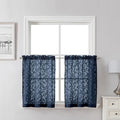 Lecloud Leia Navy Blue Kitchen Sheer Curtains 24 Inch 2 Pcs, Jacquard Leaf Textured Voile Short Curtain Tiers with Dual Rod Pocket, Soft Airy Bathroom Bedroom Curtains for Small Windows, 28" W x 24" L