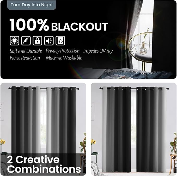 SimpleHome Ombre Room Darkening Curtains for Bedroom, Gradient Black to Grey White Light Blocking Thermal Insulated Grommet Window Curtains/Drapes for Living Room,2 Panels, 52x45 inches Length