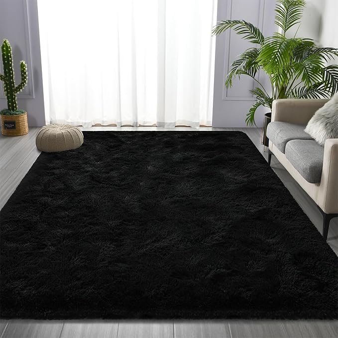 Deerhoo Shag Area Rug, 4 X 6 Plush Fuzzy Rugs for Living Room, Ultra Soft Fluffy Furry Rug for Bedroom, Indoor Carpet Nursery Rugs for Kids Room Home Decor, Black