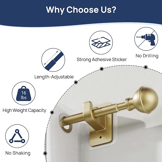 ENJOYBASICS No Drill Curtain Rods for Window 28 to 60 Inches, 5/8 Inch Diameter Renter Friendly Drapery Rod with Adhesive Brackets without Drilling, Adjustable from 27 to 65 Inches, Gold