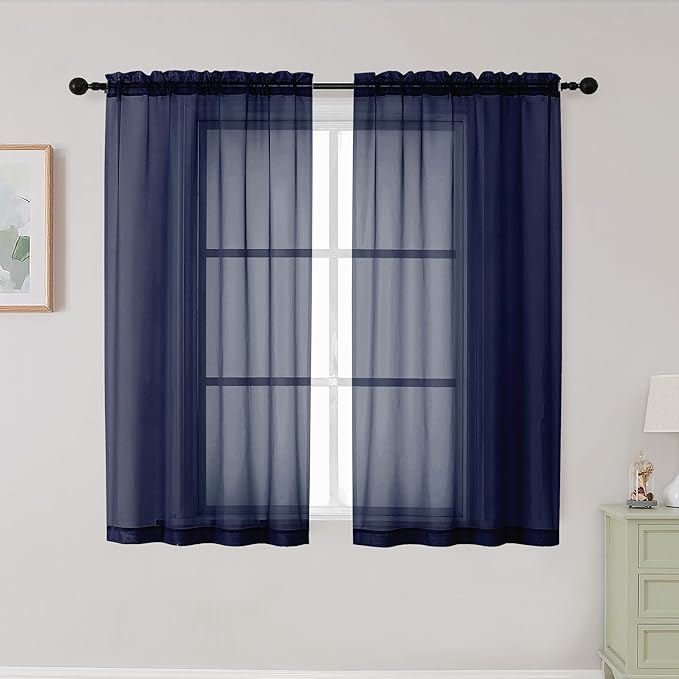 Navy Blue Sheer Curtains for Bedroom Living Room 45 Inch Length 2 Panels, Soft Airy Light Filtering Small Kitchen Window Curtains, Rod Pocket Short Curtain Drapes, Navy Blue, 42"Wx45"L Inch