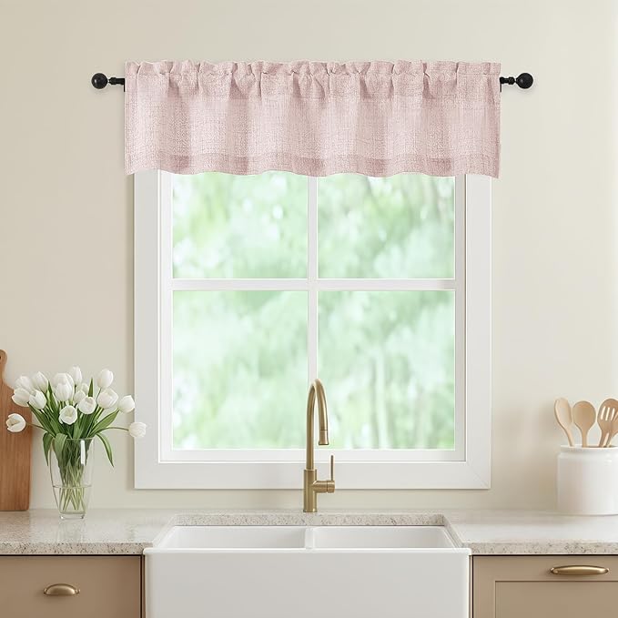 Blush Pink Valances for Windows, Light Filtering Faux Linen Textured Small Short Valance Curtains for Bathroom Basement Farmhouse, Rod Pocket Half Curtains for Windows, 60Wx12L Inch