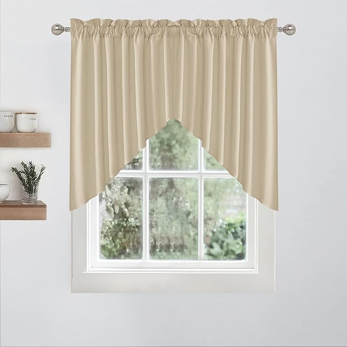 RYB HOME Faux Linen Blended 2 Panels Valance Window Topper Short Drapes Small Window Decor Privacy Protect Swag Curtain for Kitchen Living Room, Rod Pocket, Camel, W 36 x L 36 inch