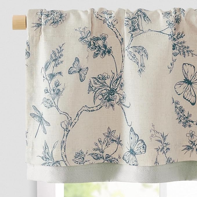 jinchan Floral Curtain Valance for Windows 16 Inch Linen Valance for Kitchen Living Room Rustic Cottage Farmhouse Flower Butterfly Curtain Rod Pocket 1 Panel Double Layer Blackout Blue on Beige