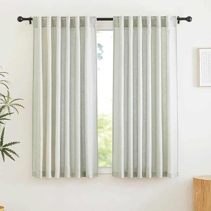 RYB HOME Flax Linen Curtains for Living Room Bedroom, Light Filtering Airy Lightweight Privacy Protected Decor for Sliding Glass Door Home Office, W 52 x L 90 inch, 2 Pcs, Sage Green