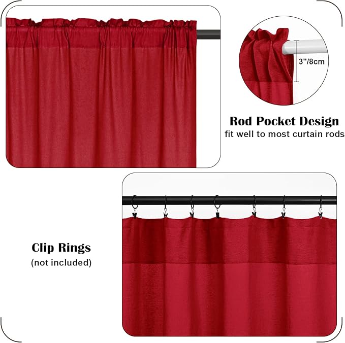 FRAMICS Farmhouse Cotton Linen Curtains for Living Room, Boho Button Curtains 63 inch Length, Rustic Country Linen Window Curtains for Bedroom, Rod Pocket Drapes, 52 x 63 Inch, Red and White