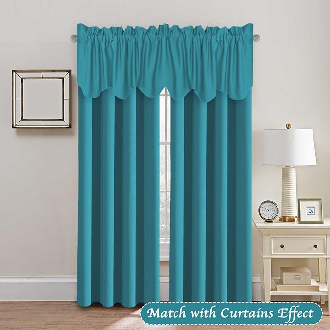 H.VERSAILTEX 4 Panels Blackout Curtain Valances for Kitchen Windows/Living Room/Bathroom Privacy Protection Rod Pocket Decoration Scalloped Window Valance Curtains, 52" W x 18" L, Turquoise Blue