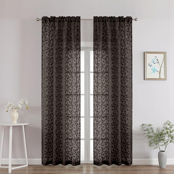 Chyhomenyc Chocolate Sheer Curtains 90 Inch Length 2 Panels Set, Light Filtering Tufted Textured Soft Airy Rod Pocket Gentle Leaf Window Treatment Drapes for Bedroom Living Room, 42" Wx90 L, 2PCS