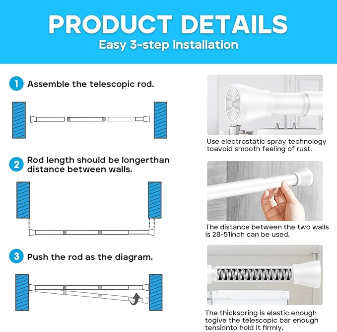 AIZESI Spring Tension Rods Adjustable Tension Curtain Rod Small Tension Rod No Drilling Expandable Spring Loaded Curtain Tension Rod?White,45" to 77"-2Pcs)