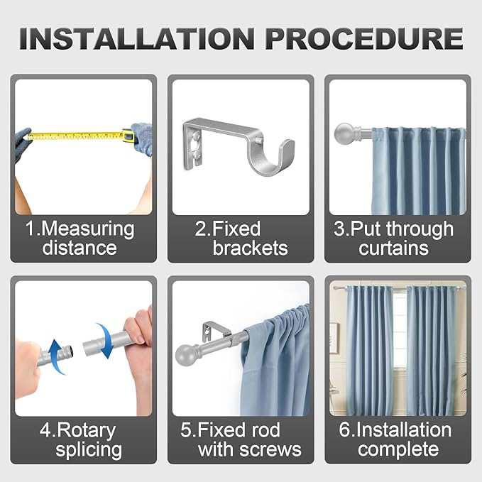 Silver Curtain Rods for Bedroom with Brackets,5/8 Inch Diameter Small Window Curtain Rod Adjustable 32 to 120 Inches,Easy Install Drapery Rods,Gray