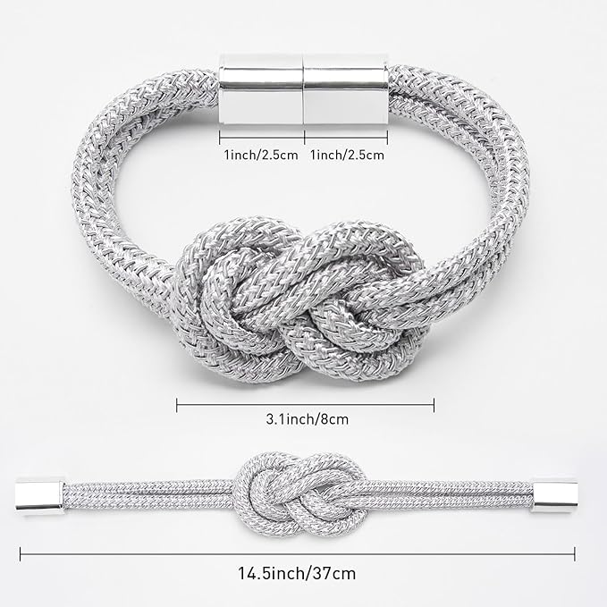 NICEEC 4 Pack Mini Magnetic Curtain Tiebacks Nordic Simple Style Drape Tie Backs Elegant Hand Weave Rope Knot Decorative Curtain Holdbacks for Home & Office Thin Window Drapery (Silver Grey)