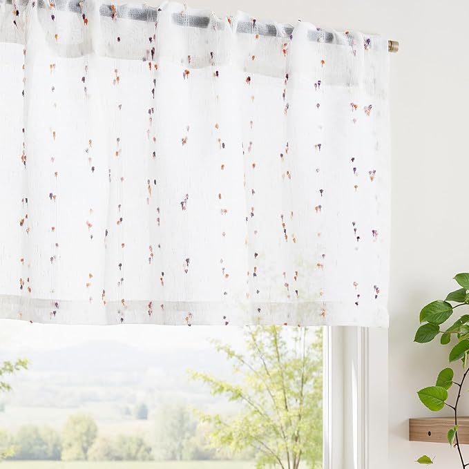 jinchan Valance Curtains for Windows 16 Inch Colorful Mini Pom-Pom Country Farmhouse Kitchen Valance Semi Sheer Voile Samll Window Treatment for Bedroom Living Room Rod Pocket 1 Panel Amber Bloom