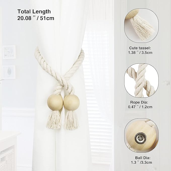 4 Pack Magnetic Curtain Tiebacks Cotton Hand Woven Tie Back Decorative Rope Holdbacks for Curtains Draperies No Tools Required, Beige