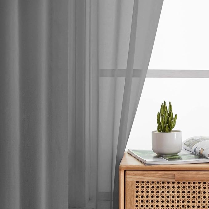Kitchen Curtains 24 Inch Length Tier 2 Pieces, Grey Sheer Curtain Solid Soft Sheer Short Curtains for Windows, Cafe Bathroom Basement Rod Pocket Drapes, Grey, Each 42" Wx24 L Inch