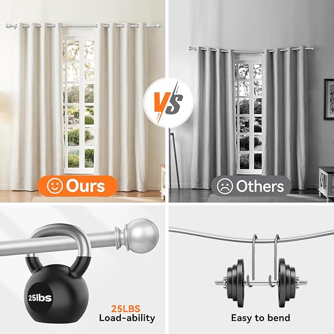Curtain Rod Set for Windows 28 to 60 Inch - 5/8'' Black Heavy Duty 2 Pack - Decorative Window Curtains Rod with Brackets for Kitchen, Bathroom, Sliding Cafe Curtain Rods Door
