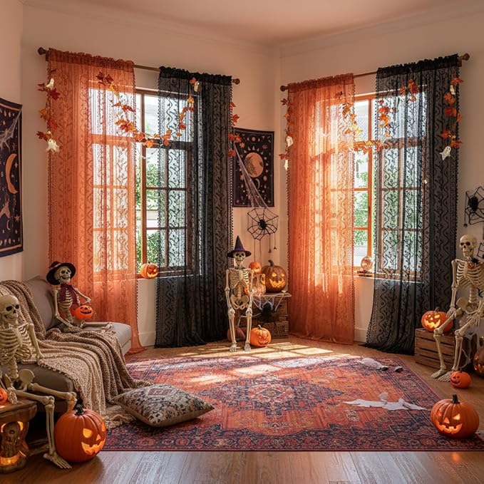 WAZZIO Boho Lace Curtains 80 Inch 2 Panels-Vintage Sheer Panel Drape Floral Pattern & Tassel Light Filtering Privacy for Bedroom Dining Living Room,Cottage Earthy Full Decor Terracotta,W52 x 80L