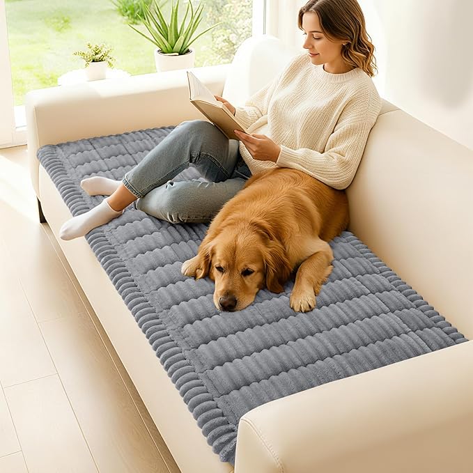 hyha Couch Covers for Dogs Washable, Non Slip Plush Dog Sofa Protectors, Fuzzy Pet Couch Covers for 3 Cushion Sofa Pet Friendly (Grey, 27.6" x 82.7")