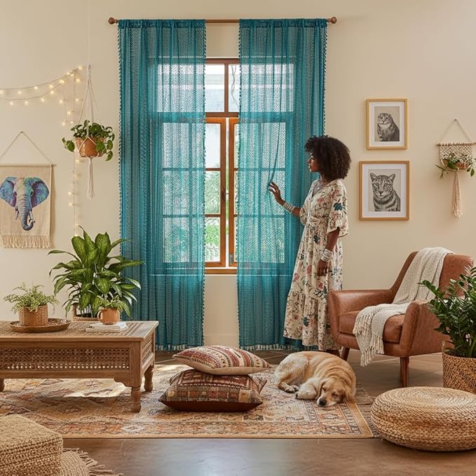 WAZZIO Boho Lace Curtains 84 Inches 2 Panel,Light Filtering Privacy Tassel & Geometry Crochet Semi Sheer Curtain Drapes for Bedroom Living Dining Room,Rod Pocket & Tassel,Coastal Style,Teal