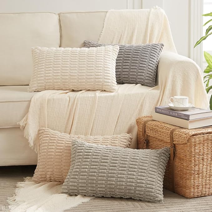 Fancy Homi 4 Packs Boho Cream Decorative Throw Pillow Covers 12x24 Inch for Living Room Couch Bed Sofa, Rustic Modern Farmhouse Home Decor, Soft Plush Corduroy Beige Cute Square Cushion Case 30x60 cm