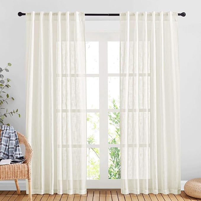 NICETOWN Semi Sheer Curtains Linen Blend Texture, Rod Pocket Back Tab Decorative Linen Sheer Drapes Window Treatment Privacy Curtains for Bedroom/Living Room/Nursery, W52 x L90, Natural, 2 Panels