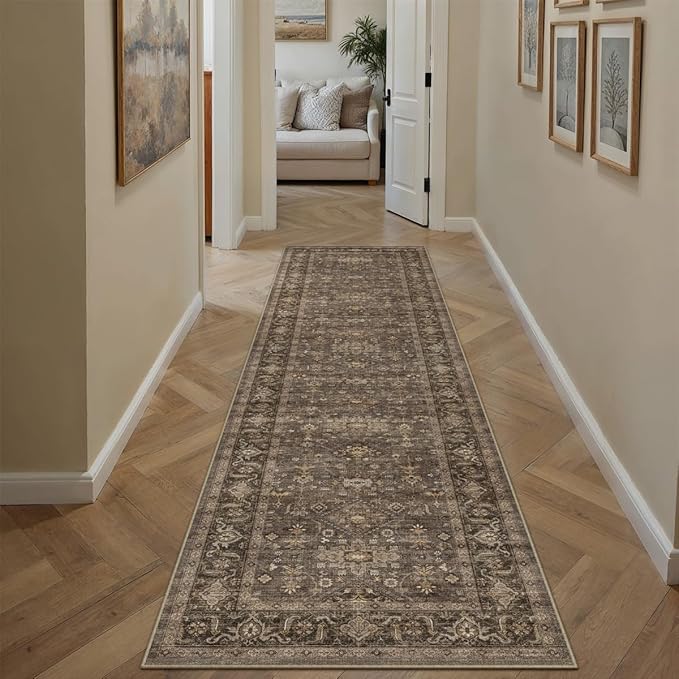 2'6x12 Washable Runner Rug for Hallway Kitchen Vintage Brown Non Slip Low Pile Carpet Traditional Retro Soft Throw Rug for Bathroom Bedroom Entryway Indoor Entrance