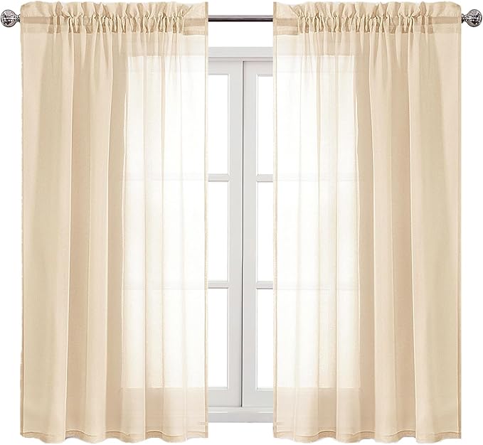 DWCN Beige Sheer Curtains Semi Transparent Voile Rod Pocket Curtains for Bedroom and Living Room, 52 x 45 inches Long, Set of 2 Panels