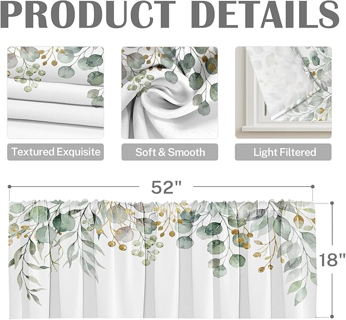 Emvency 4 Pack Valances Window Treatments, Green Eucalyptus Leaves Summer Blackout Adjustable Valances for Living Room Bathroom Bedroom Kitchen Over Sink, 52x18 Inch Rod Pocket
