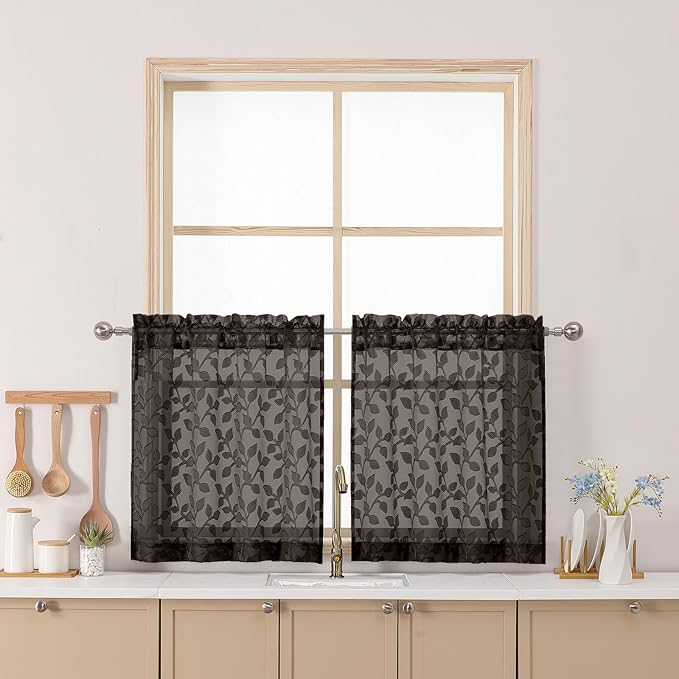 Chyhomenyc Chocolate Sheer Curtains 24 Inch Length, Light Filtering Leaf Tufted Textured Small Window Kitchen Curtain Over Sink, Short Half Window Curtains for Bathroom Basement, 30" Wx24 L, 2 Panels