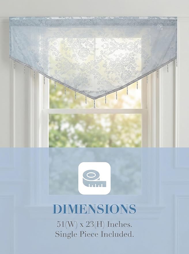 Molaxhome Swag Curtain 51 inch Length Rod Pocket Scalloped Curtain Valance Sheer Lace Panels with Hanging Crystal Beads for Kitchen Bedroom Window Treatments Drape Decor 1pc (Lace Grey, 51Wx23L)
