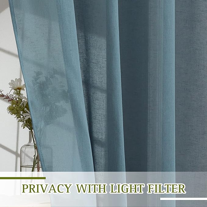 NICETOWN Sheer Linen Curtains 84 inch Long for Bedroom, (Smoke Blue) Grommet Privacy Semitransparent Light Filtering Flax Sheer Window Treatment for Living Room, W52 by L84, Set of 2