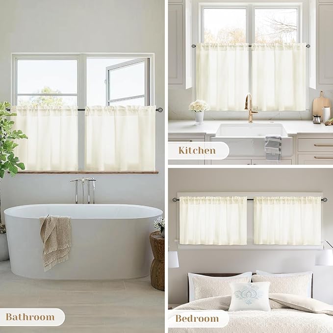 HOMEIDEAS Non-See-Through Cream Yellow Privacy Sheer Kitchen Curtains, 30 X 36 Inches Long 2 Panels Short Sheer Curtains Light Filtering Bathroom Window Drapes for Bedroom Living Room