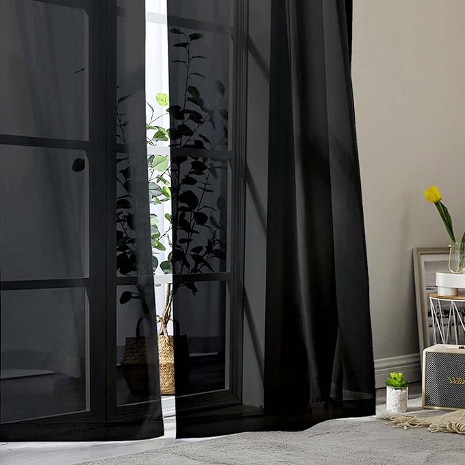 Black Sheer Curtain for Bedroom Living Room 78 Inches Long 2 Panels Set, Solid Soft Airy Light Filtering Sheer Window Curtains, Modern Rod Pocket Door Curtain, Black, 42" Wx78 L Inches