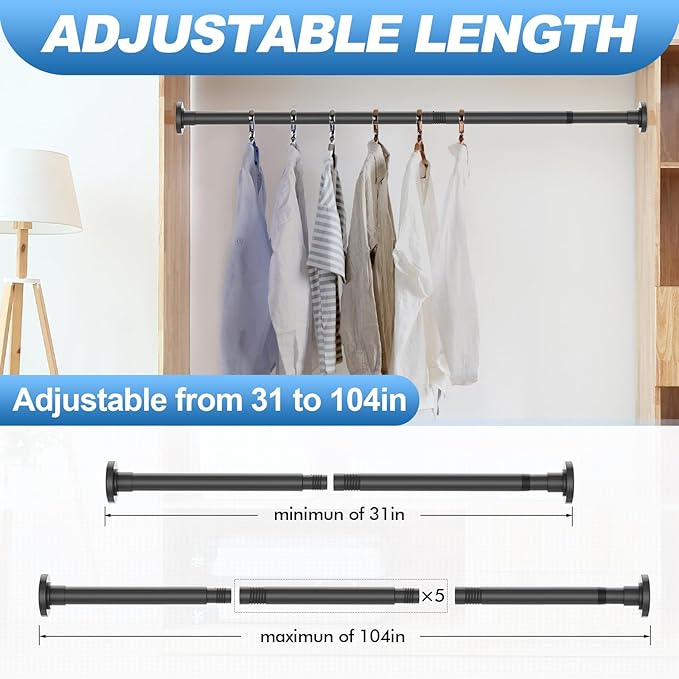 CorkLatta Black Shower Curtain Rod 31 to 104 Inch,1 Inch Diameter Adjustable Spring Tension Curtain Rod No Drilling Stainless Steel Telescoping Rod,No Rust