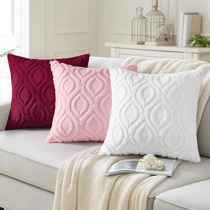 decorUhome Summer Throw Pillow Covers 16x16 Inch Set of 2, Soft Plush Faux Wool Light Pink Solid Couch Pillow Covers, Accent Farmhouse Neutral Square Pillow Cases for Sofa Bed Living Room