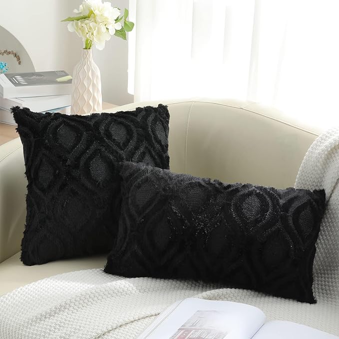decorUhome Throw Pillow Covers 24x24 Inch Set of 2, Soft Plush Faux Wool Black Solid Couch Pillow Covers, Accent Euro Sham Farmhouse Neutral Square Pillow Cases for Sofa Bed Living Room