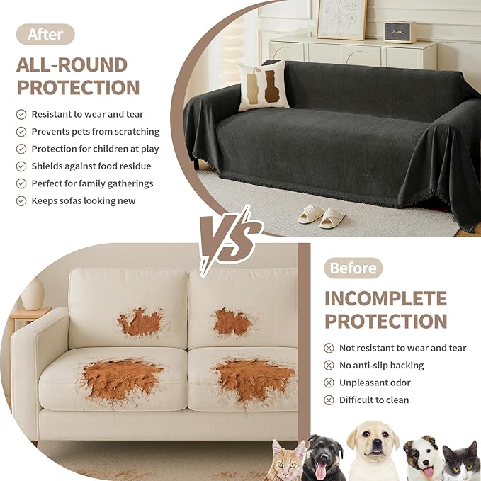 Couch Cover for Dogs, Boho Sofa Covers for 3 Cushion Couch, Chenille Sofa Slipcover for Pets Washable, L-Shape Sectional Couch Cover Soft Throw Blankets with Tassels(91x134,Charcoal Grey)