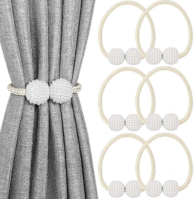 Melaluxe 6 Pack Magnetic Curtain Tiebacks, Decorative Curtain Holdbacks for Window Décor (Beige)