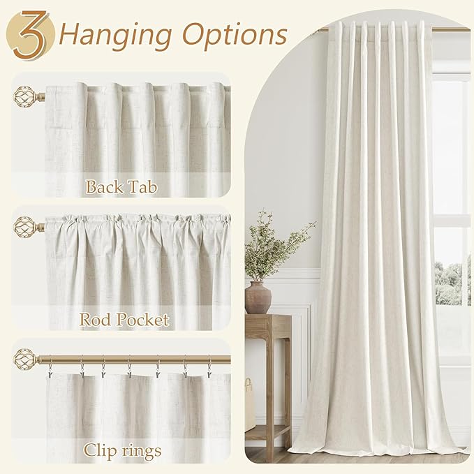Guken Cream 100% Blackout Linen Curtains 60 Inch Wide by 84 Inch for Living Room Bedroom Back Tab/Rod Pocket Thermal Insulated Black Out 1 Drapes Room Darkening Window Curtains,1 Panel