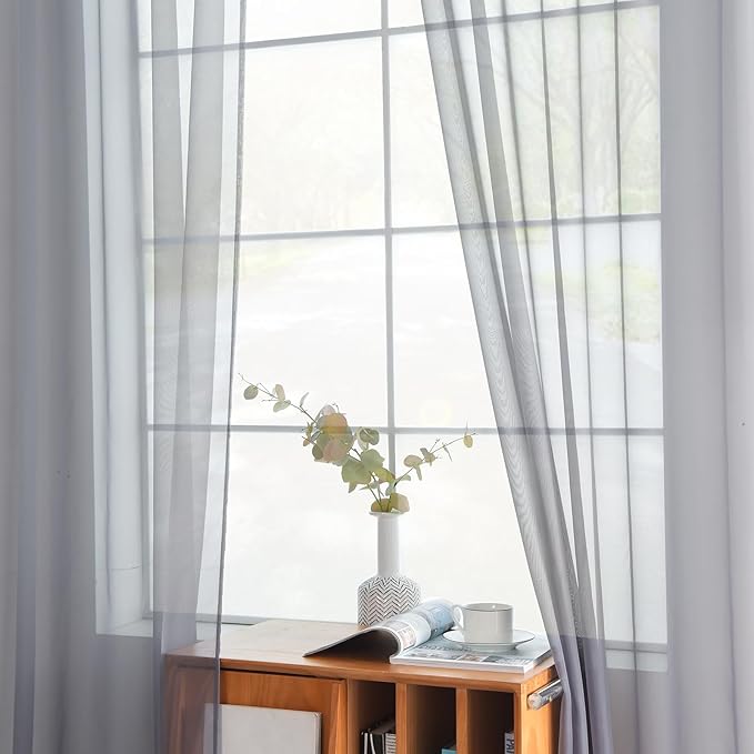 youleyar Solid Sheer Rod Pocket Curtain Voile Draperies 2 Panels White Beige Black Grey Coffee 38 Inch Width 72 Inch Long 1 Pair for Kitchen Bedroom Children Living Room Yard(Grey,38Wｘ72L)