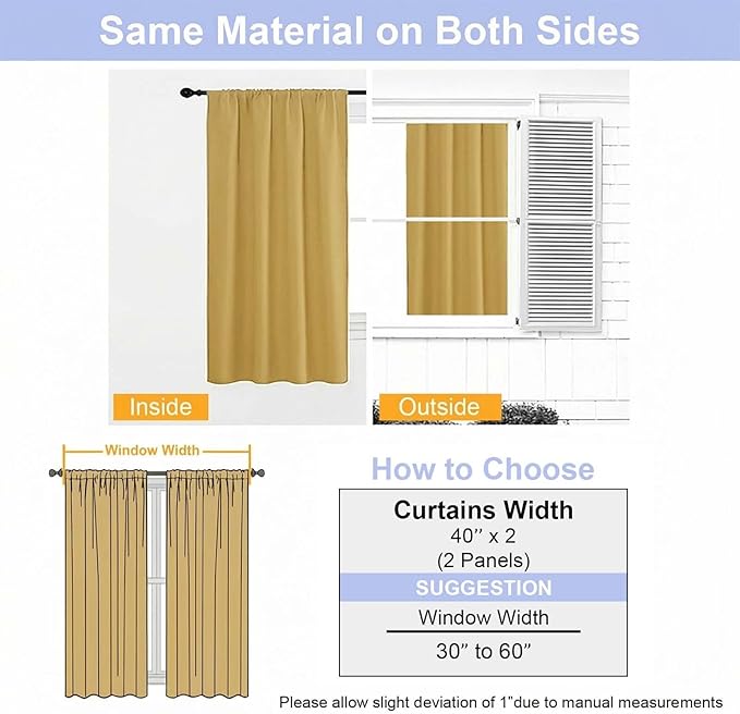 Simplebrand Ava Bright Gold Short 36 Inches Blackout Curtain 2 Panels Set, Half Window Rod Pocket Privacy Curtain Tiers for Kitchen, Curtains Blackout for Bathroom Shades, W40 x L36 Inch, Bright Gold