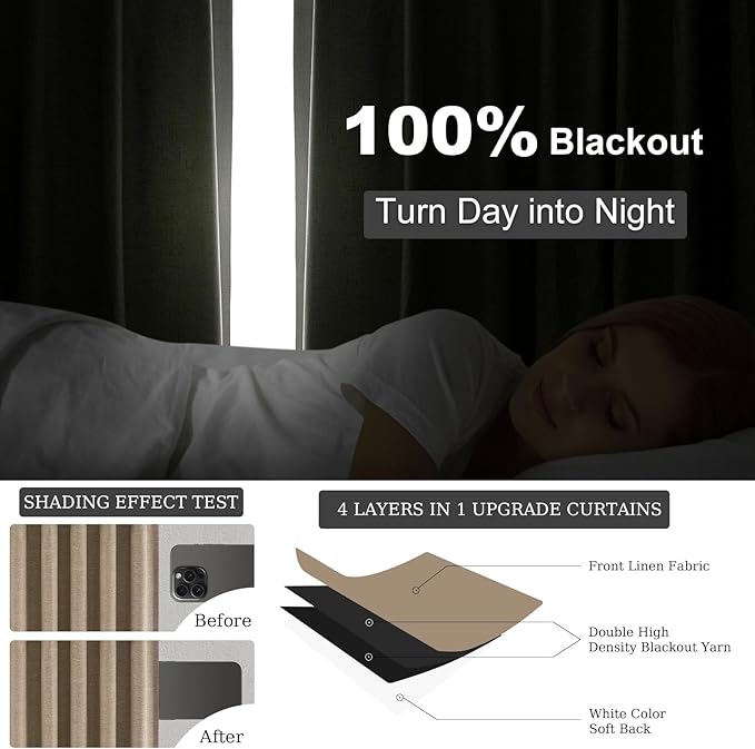Topfinel 102 Inches Long Custom Blackout Linen Curtains, Pinch Pleated Noise Cancelling Curtains with Pin Hooks for Traverse Rods, Earth Tone Viral Drapes 2 Panels for Living Room Master Bedroom